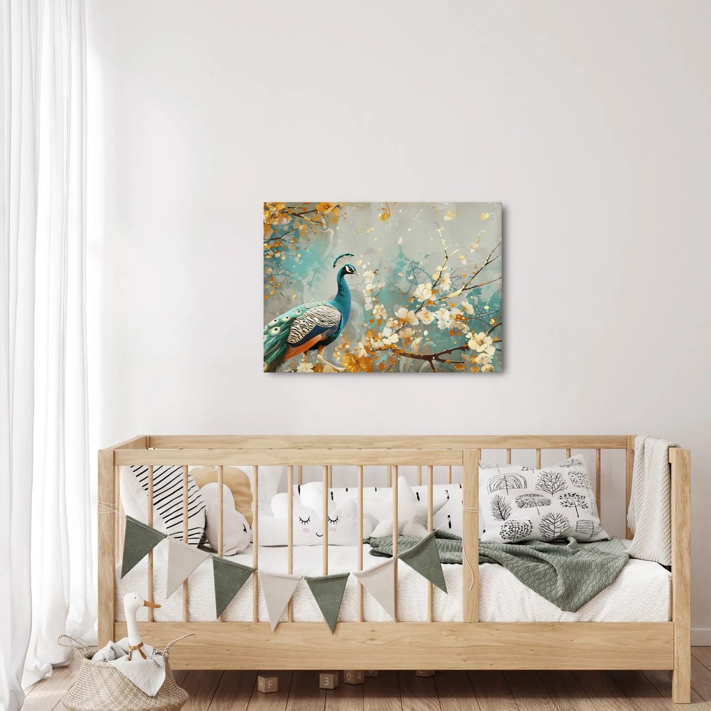 Obraz - Paw ze złotą dekoracją (70x50 cm)