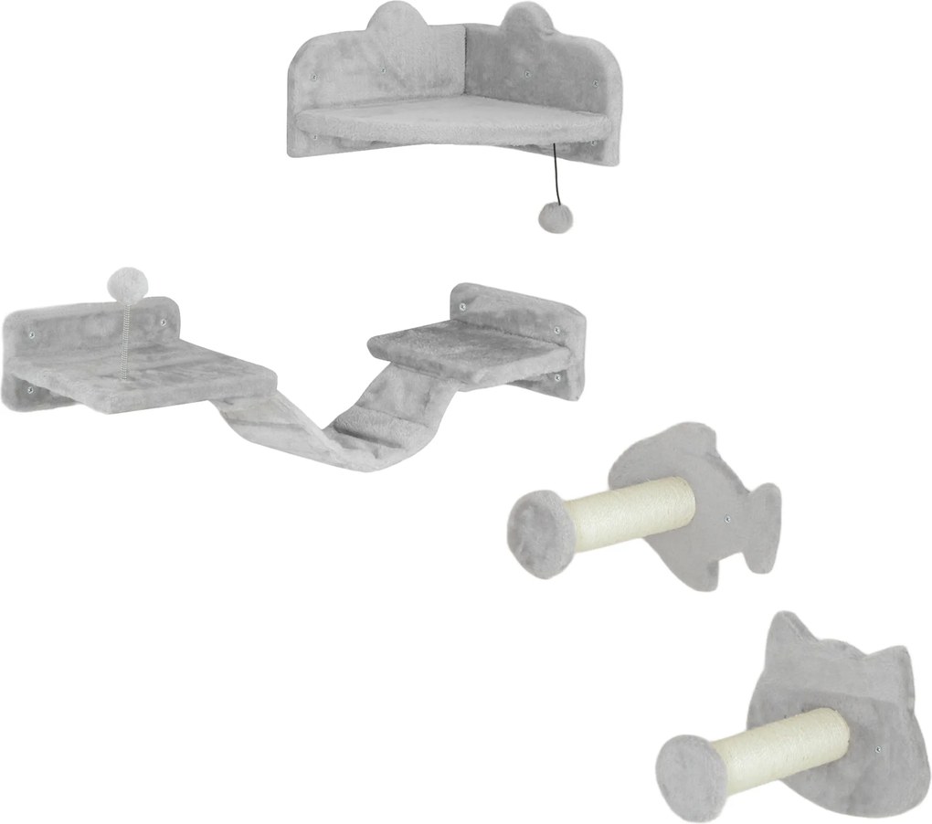 PawHut Zestaw Wspinaczkowy dla Kotów, 4-częściowy, Meble do Drapania z Sizalowymi Stopniami, Podwójną Platformą, Jasnoszary/Kremowy