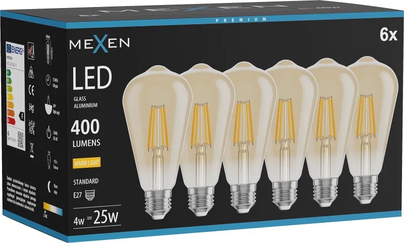 Mexen Vintis 6x żarówka filament LED E27, ST64, 4W, Ciepła - 2700K, 400 lm, amber - L152-E27-0427-50x06