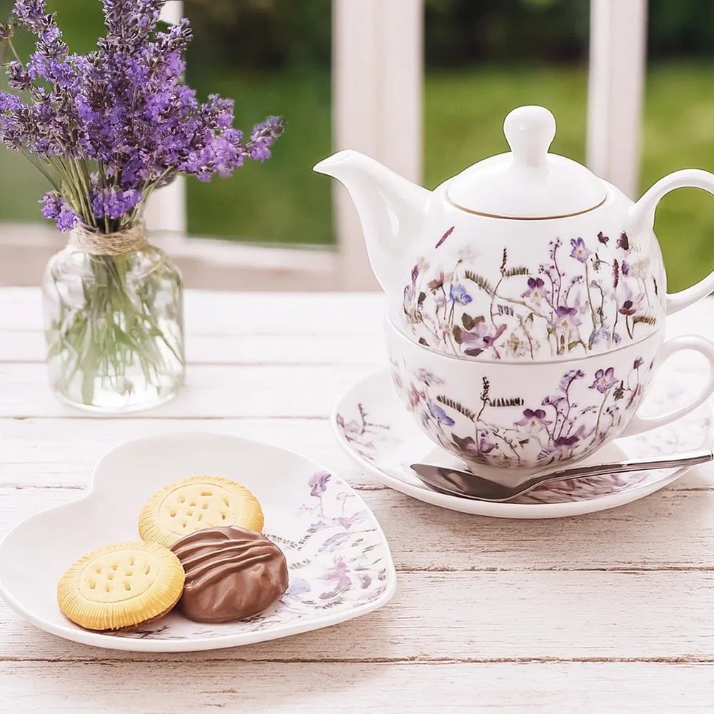 Biało-fioletowy porcelanowy serwis do herbaty Louka – Orion