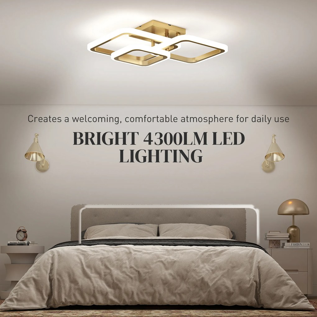 HOMCOM Lampa sufitowa LED 40W 4300LM 3500K/4500K/6000K Lampa sufitowa 3-ringowa, 48 x 46 x 13 cm, złoty