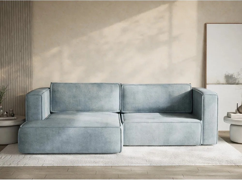 Jasnoniebieski rozkładany/ze schowkiem narożnik z tkaniny szenilowej (lewostronny/z szezlongiem) Velto – Maison de Rêve