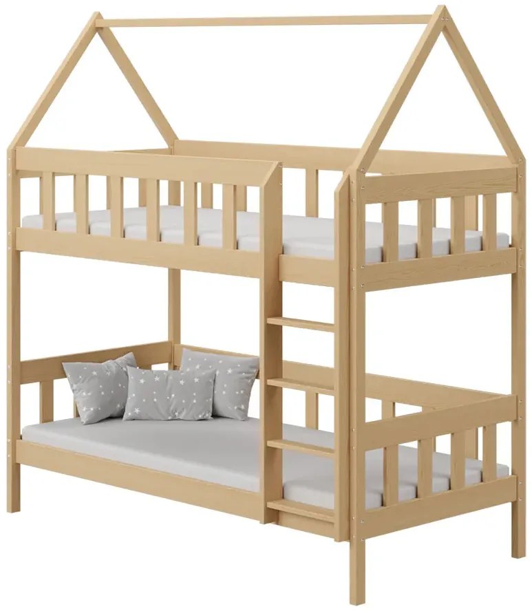 Skandynawskie piętrowe łóżko dziecięce domek z materacami, sosna H0-A42