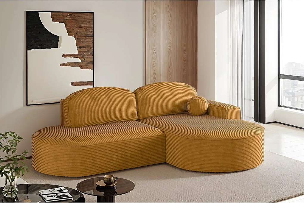 Narożnik z funkcją spania i pojemnikiem Modena Runden, tkanina Poso, Musztardowy, Prawy