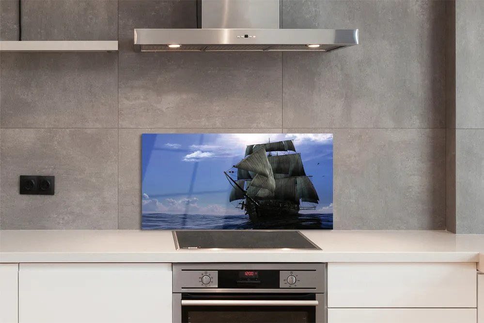 Szkło do Kuchni na Ścianę Statek wśród Morskich Chmurek