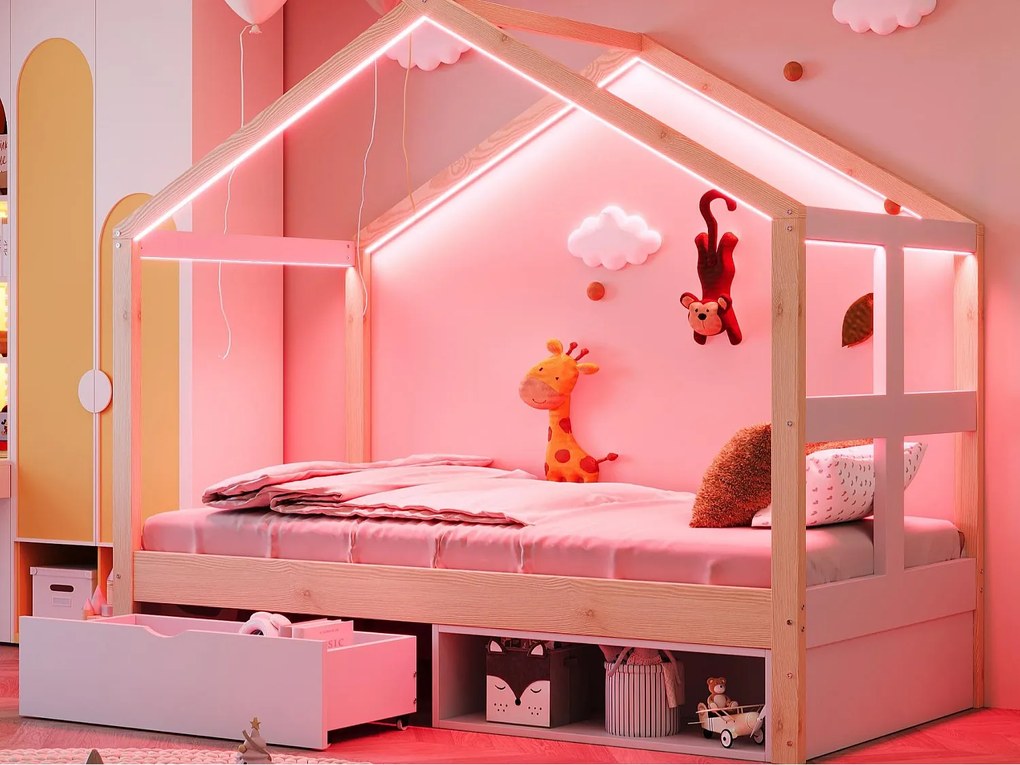 Łóżko domek dziecięcy 90x190 cm - z 1 szufladą - z oświetleniem LED - stelaż lamelowy - naturalny​ (materac nie jest wliczony w cenę)