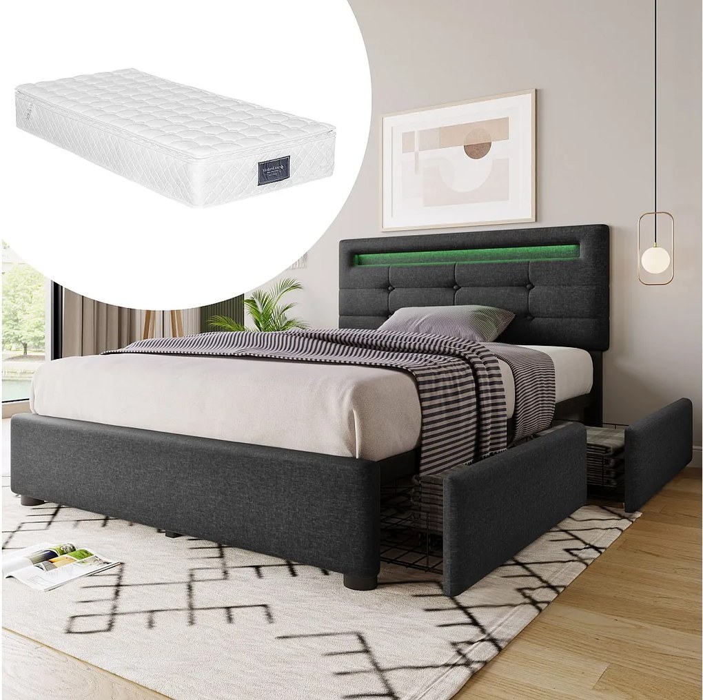 Łóżko dla dorosłych 90x200 cm - Łóżko pojedyncze z 2 szufladami i oświetleniem LED - len szary - materac w komplecie