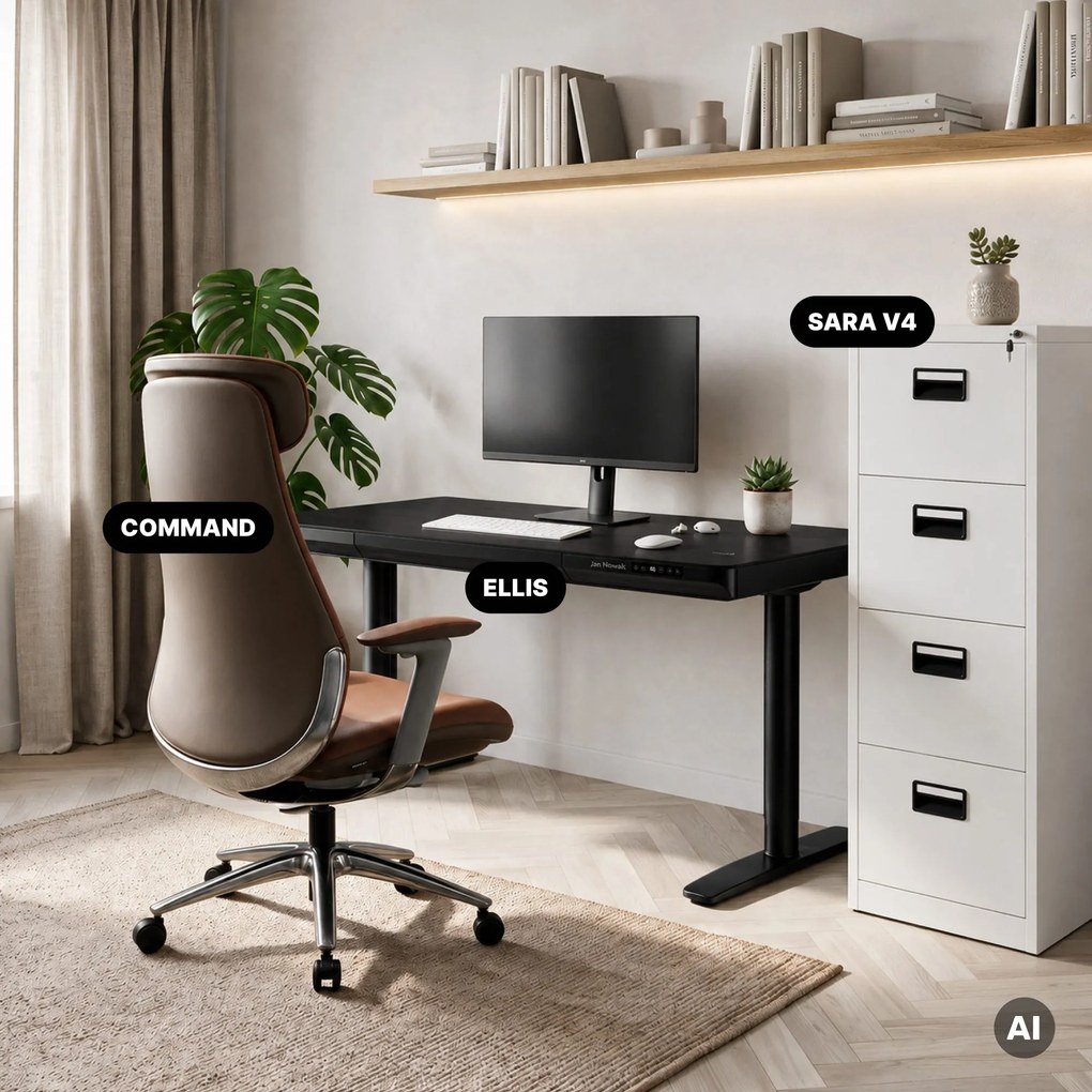 Biurko elektryczne sit-stand z szufladą i ładowarką bezprzewodową Qi czarne, 1400 mm: ELLIS