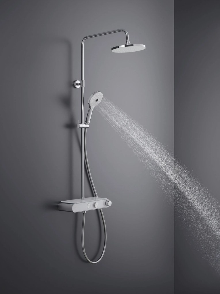 System prysznicowy Duravit z termostatem i szklaną półkąChrom/Biały - 3 Tryby Strumienia