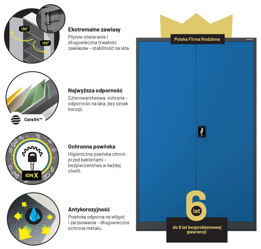 Szafa biurowa metalowa na akta antracytowo-niebieska JAN II, 1150 x 1850 x 400 mm