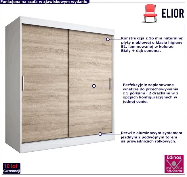 Szafa przesuwna 180 cm biel + dąb sonoma  - Erco 5X