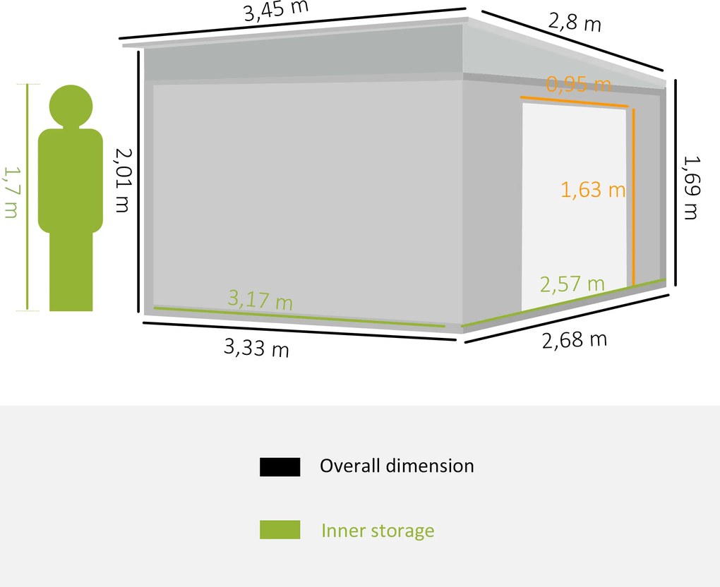 Outsunny Metalowa szopa ogrodowa z pochyłym dachem Przesuwne drzwi Zabezpieczenie narzędzi Szary 28x345x201cm | Aosom PL