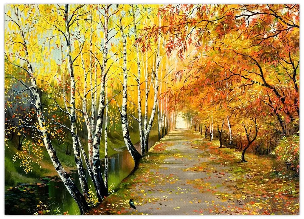 Obraz na szkle - Romantyczna aleja wzdłuż wody, obraz olejny (70x50 cm)