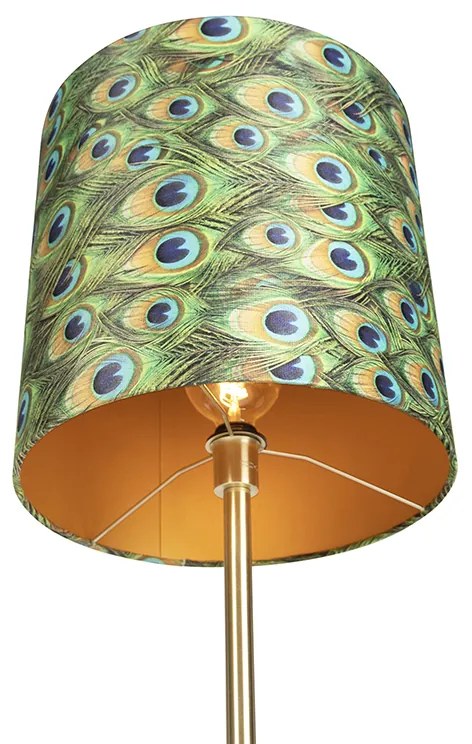 Lampa stojąca mosiężna z abażurem w wzór pawia 40 cm - Simplo Nowoczesny Oswietlenie wewnetrzne