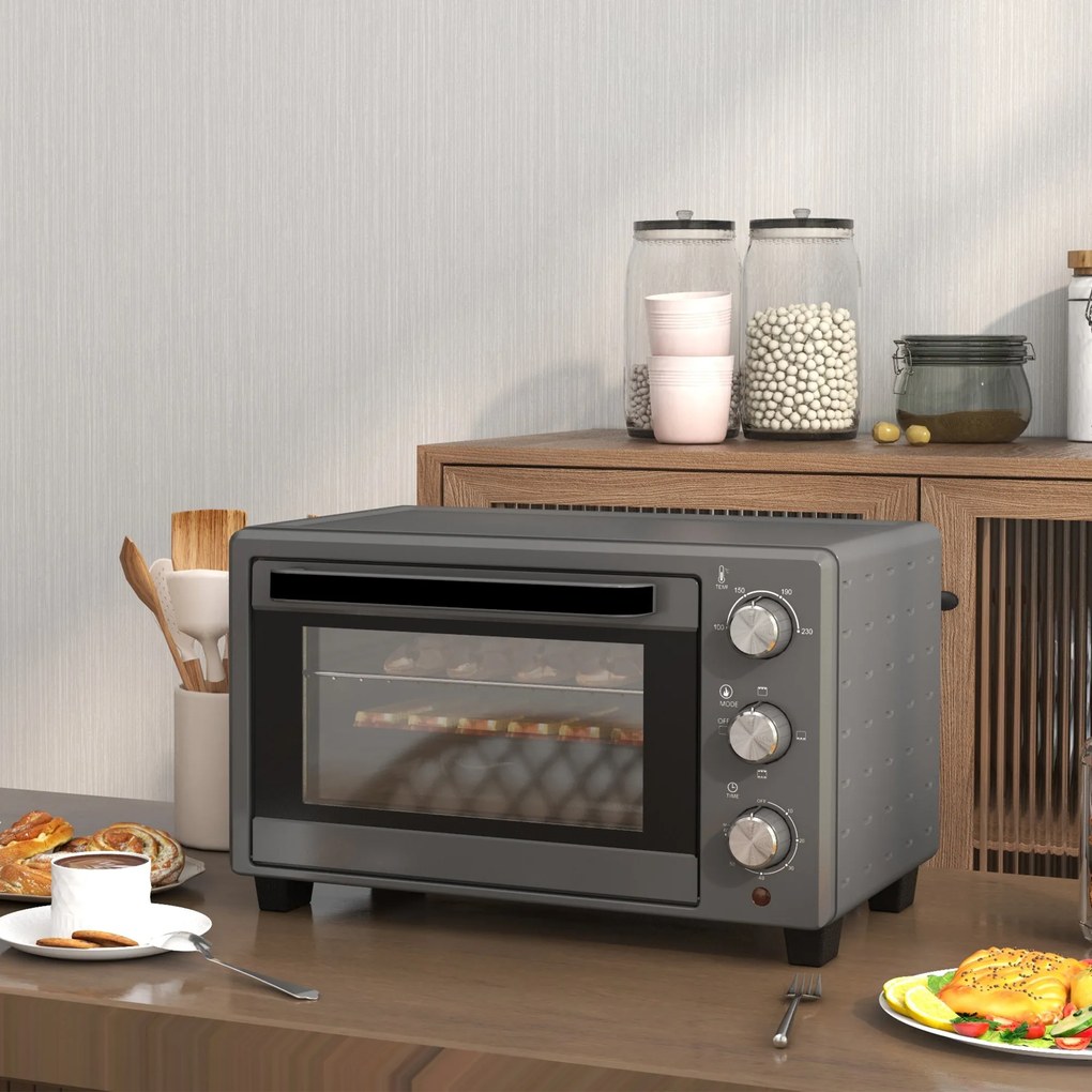 HOMCOM Minipiekarnik, 21 L Piekarnik tosterowy z 1 rusztem i 1 blachą, 3 tryby gotowania, 100 °C-230 °C, Stal nierdzewna, Szkło, Szary