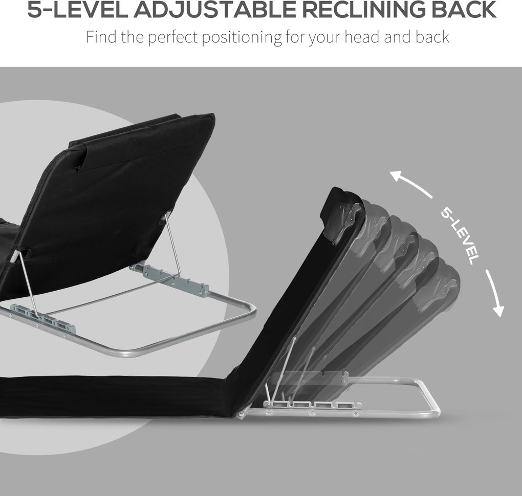 Outsunny Leżak Plażowy Czarny Składany z Regulowanym Oparciem i Kieszenią Boczną 48x134x33-43cm | Aosom PL