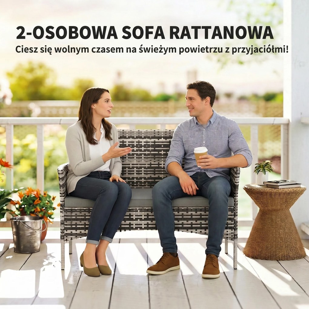 Outsunny 2-osobowa sofa rattanowa na taras z poduszką, antypoślizgowe maty, stalowa rama, jasnoszara | Aosom PL