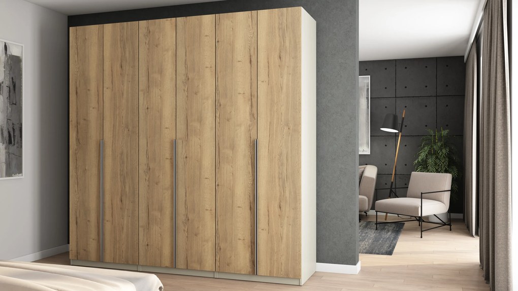Szafa 6 drzwiowa otwierana 240 x 240 cm – Kaszmirowy Beż / Dąb Halifax ze srebrnymi uchwytami
