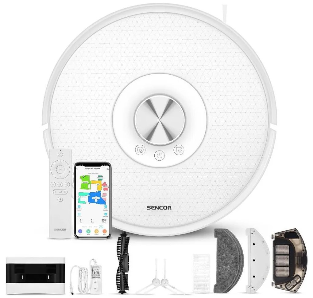 Sencor- Odkurzacz-robot 2 w 1 z mopem, 50 W/5000 mAh, Wi-Fi, biały + pilot zdalnego sterowania