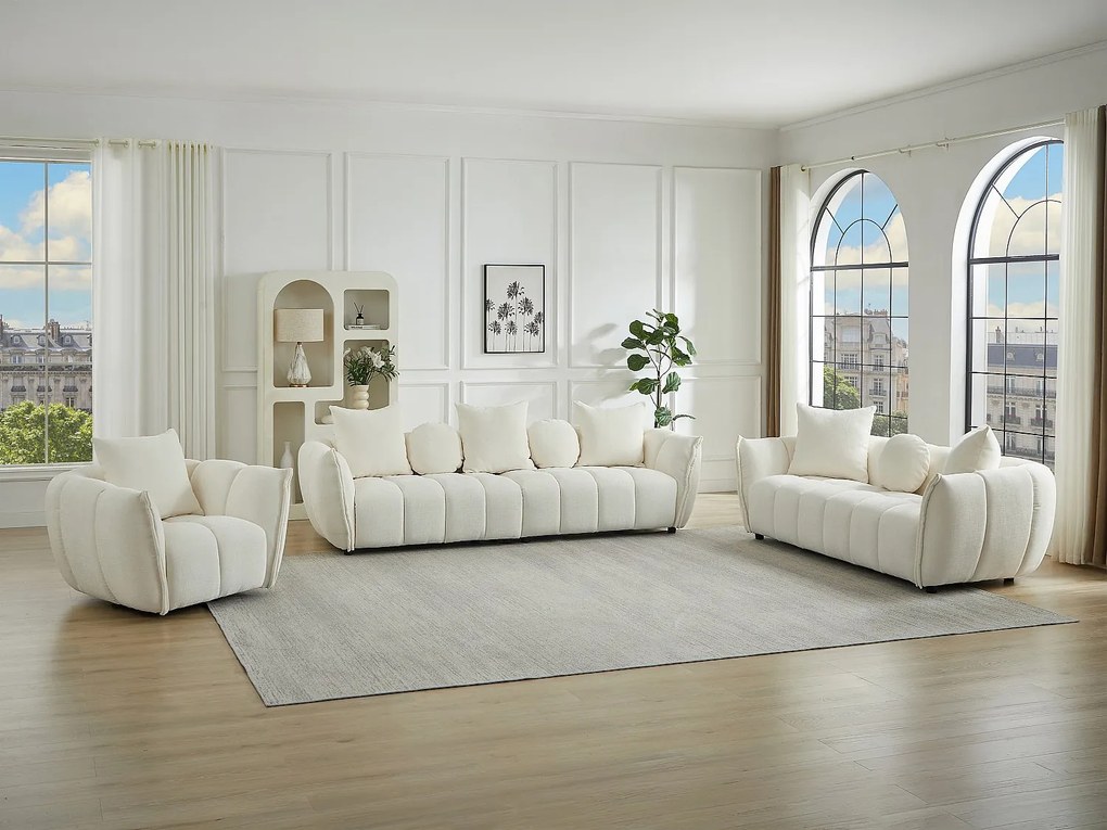 Kanapa 4-osobowa , Kanapa 3-osobowa i fotel obrotowy z beżowej tkaniny teksturowanej GONOLON