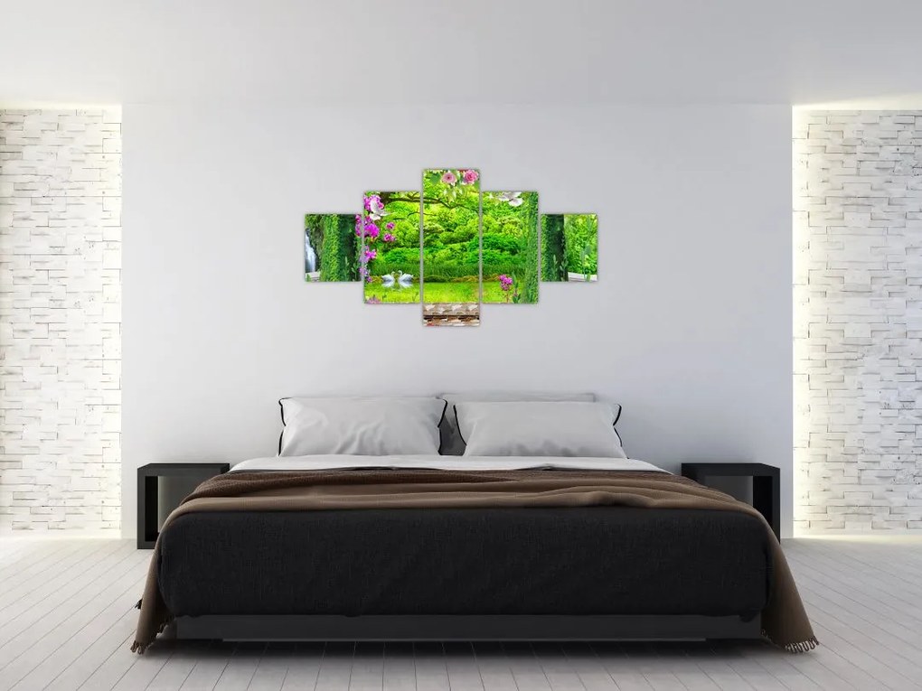 Obraz - Magiczny ogród z łabędziami (125x70 cm)