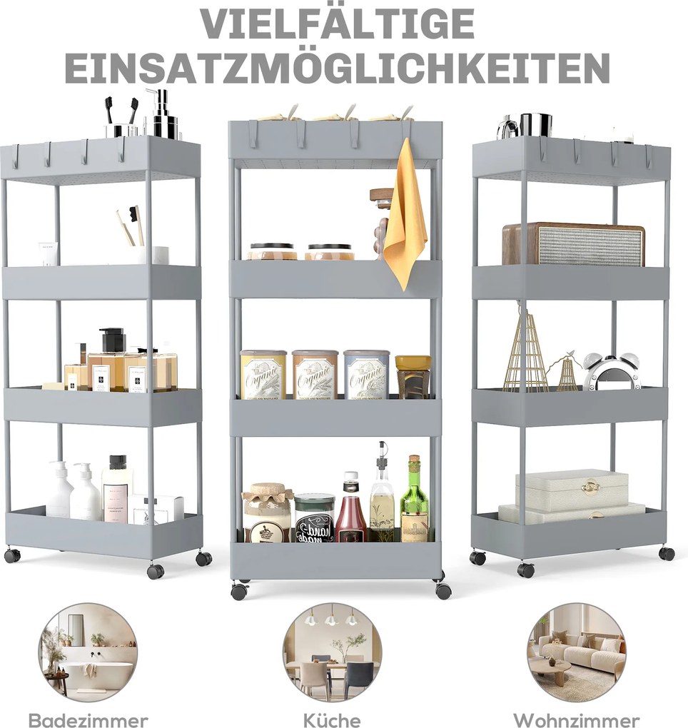 Wózek kuchenny HOMCOM z 4 półkami, 4 elastycznymi hakami, na kółkach, 40 x 19 x 90 cm, wózek do wnęki, szary