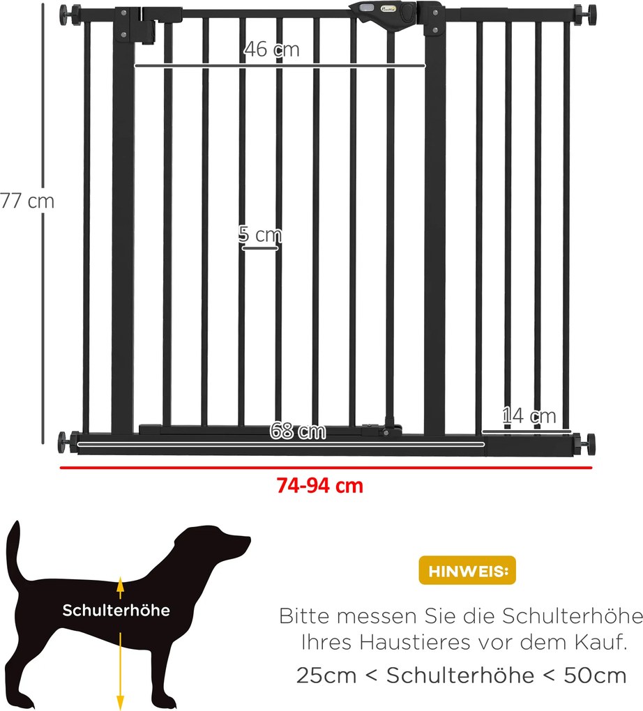PawHut Bramka zabezpieczająca dla psów, Bramka ograniczająca, Ochronna dla zwierząt domowych, Metal, Plastik, 74-80/87-94 cm, Czarna