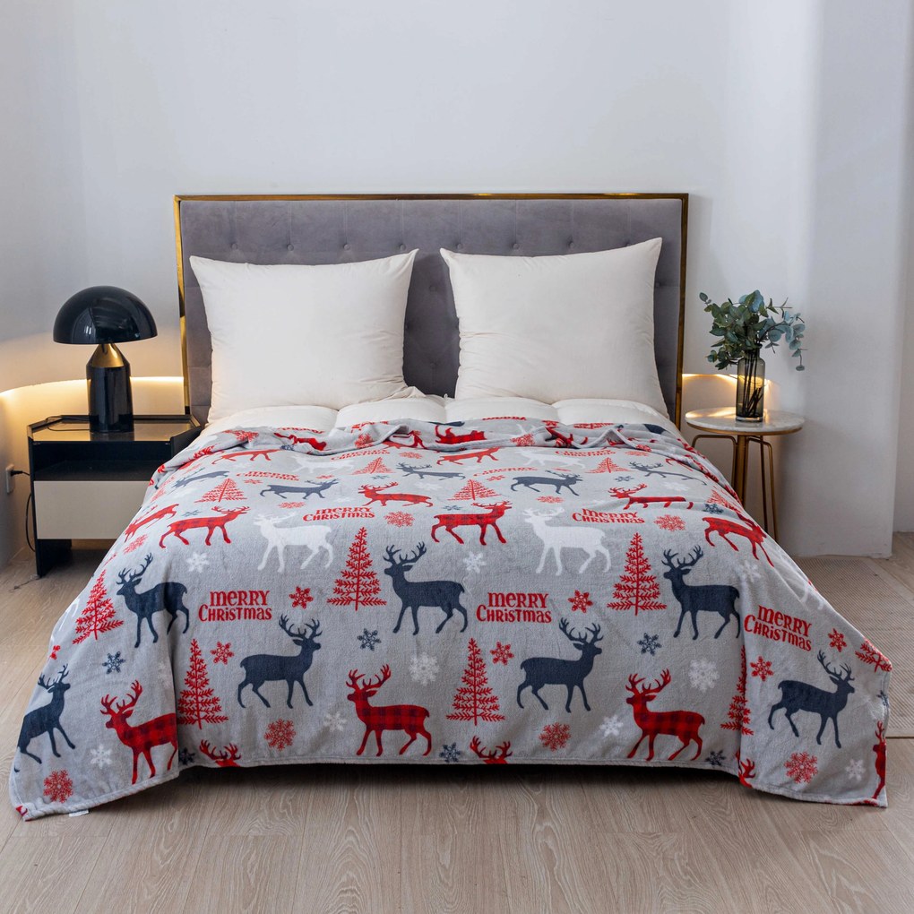 Świąteczny mikro pluszowy koc MERRY CHRISTMAS DEER szary Rozmiar: 200 x 220 cm