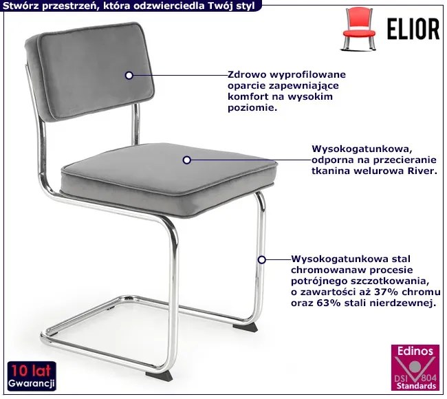 Szare tapicerowane krzesło bauhaus welurowe - Radag