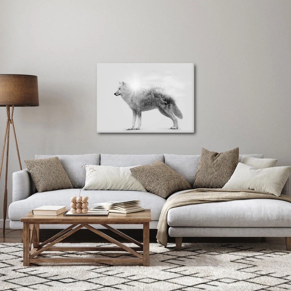 Obraz - Wilk arktyczny odzwierciedla dziki krajobraz (70x50 cm)