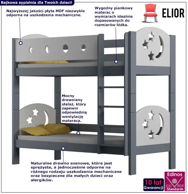 Szare podwójne łóżko z białymi barierkami - Mimi 3X 200x90 cm