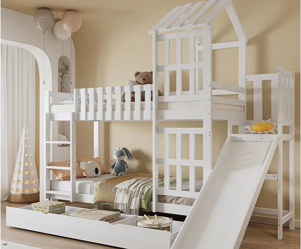 Łóżko piętrowe 90×200 cm - ze zjeżdżalnią - z 1 szufladą - z daszkiem i oknami - Drewno lite + MDF - białe (bez materaca)