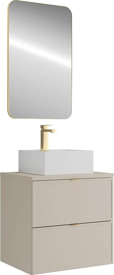 Wisząca szafka łazienkowa z nablatową umywalką kwadratową, baterią i lustrem - Beżowy - 60 cm - ONDIL