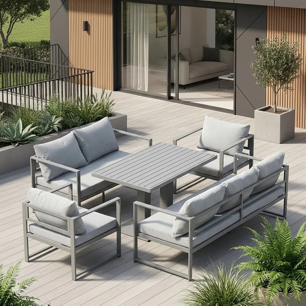 Zestaw mebli ogrodowych Bellagio NM2011-GR z sofami, fotelami i stołem, szary, poduszki szare