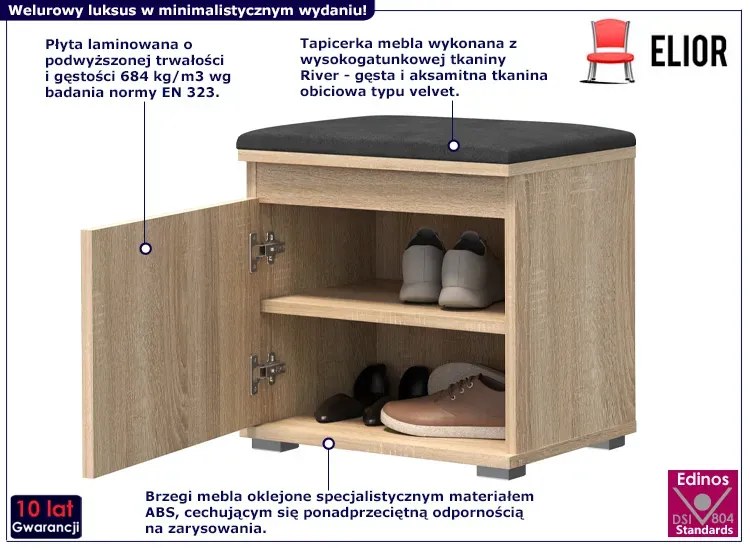 Szafka Na Buty Z Welurowym Siedziskiem Dąb + Szary Beżowy N1-N14
