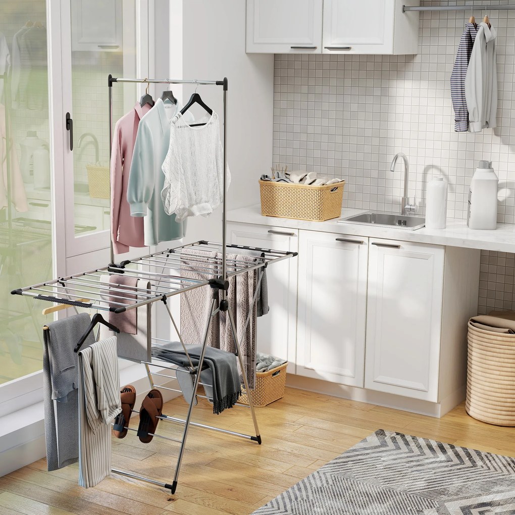 HOMCOM Suszarka na pranie składana stojąca suszarka z regulowanymi skrzydłami, uchwytami na buty, stal nierdzewna, 156,5 x 68 x 192 cm, srebrny