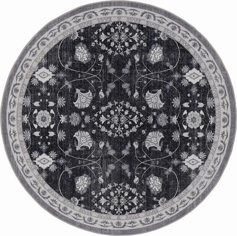 Dywan vintage INKA Floral z Efektem Postarzenia Czarno-Szary koło 200 cm x 200 cm