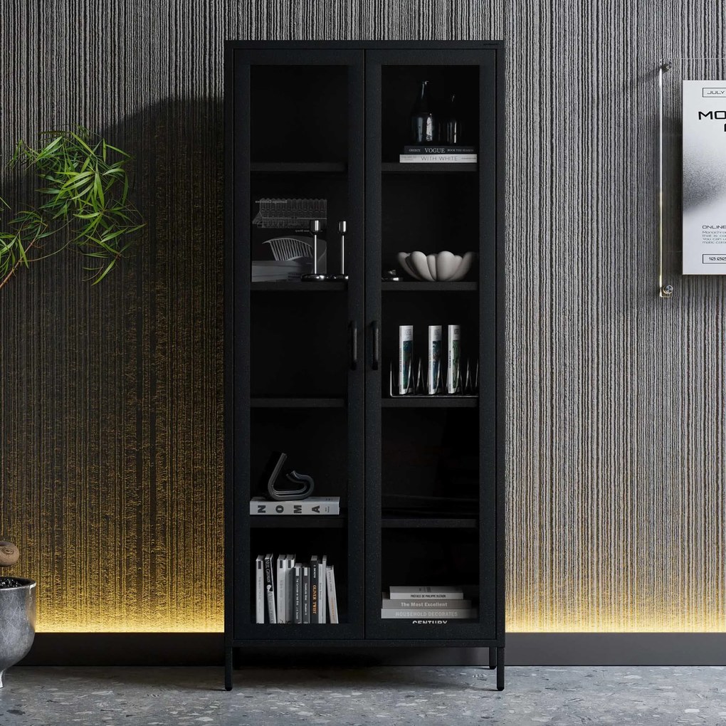 Witryna szklana do salonu metalowa czarna ANGELO Modern 800 x 1850 x 450 mm