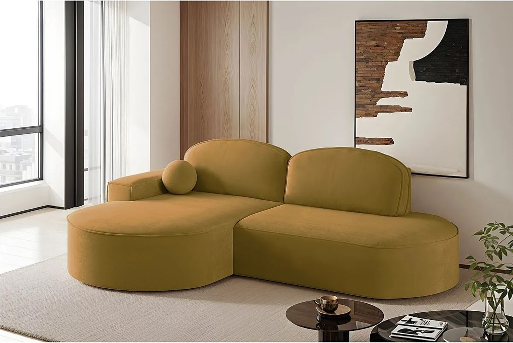 Narożnik z funkcją spania i pojemnikiem Modena Runden, tkanina Salvador, Żółty, Lewy