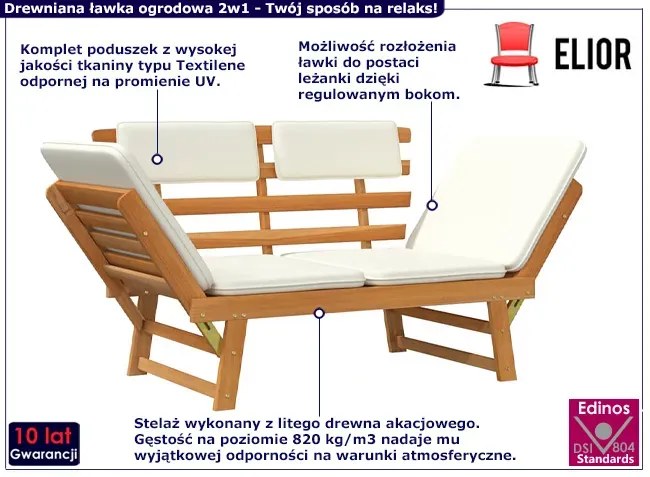 Drewniana rozkładana ławka ogrodowa z poduszkami - Coni