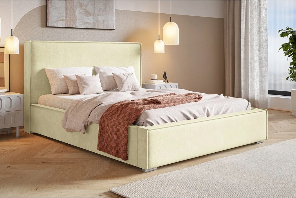 Łóżko tapicerowane 160x200 cm Sydney z pojemnikiem  - lamówka, stelaż drewniany, welur - wanilia (Amor Velvet 4323)