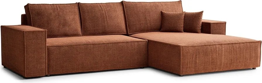 Rozkładany narożnik ze schowkiem z tkaniny szenilowej (prawostronny/z szezlongiem) w kolorze miedzi Maze – Maison de Rêve