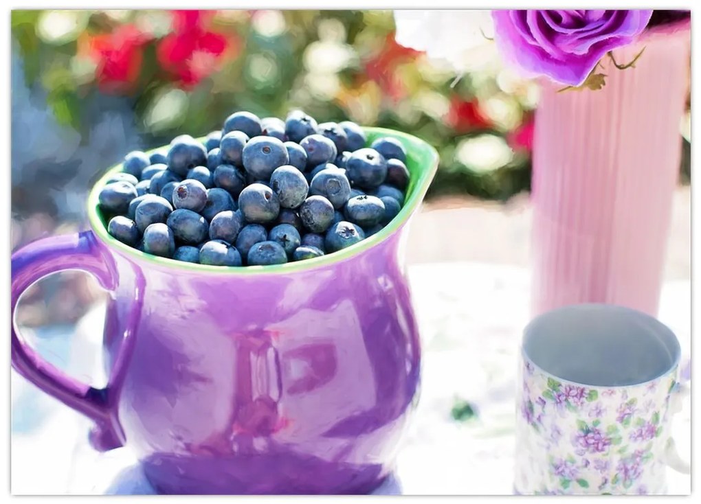 Obraz na szkle - jagody w filiżance (70x50 cm)