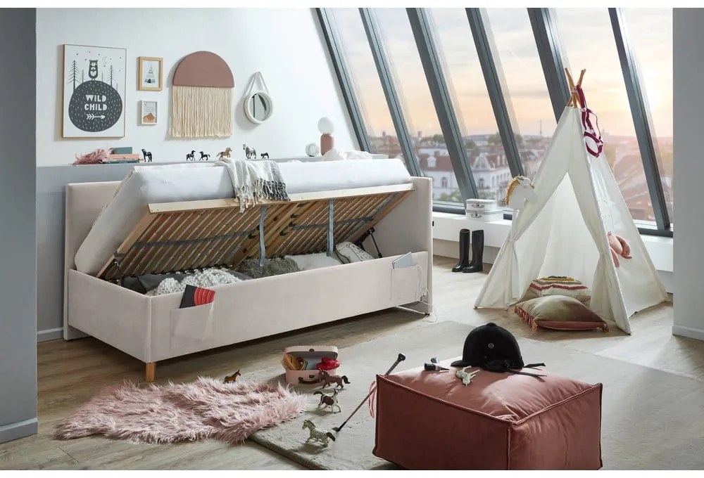Beżowe tapicerowane narożne łóżko dziecięce ze schowkiem ze stelażem 140x200 cm Cool – Meise Möbel