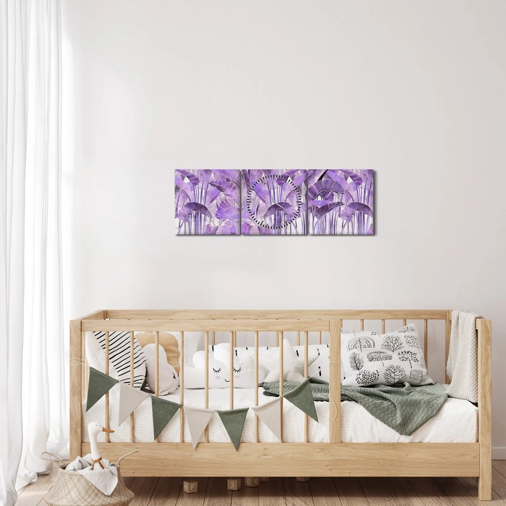 Obraz - Fioletowe liście w gipsie (z zegarem) (90x30 cm)