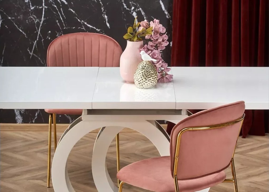Elegancki rozkładany stół Tazzisto 160-200/90 biały połysk z blatem z MDFu lakierowanego i złotymi detalami do salonu glamour