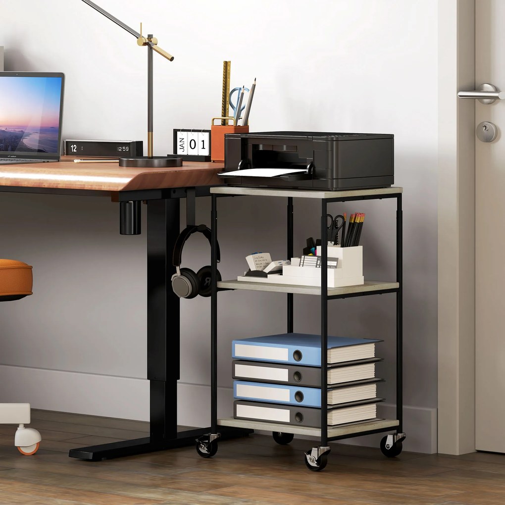 HOMCOM Stojak na Drukarkę z 3 Poziomami, Regulowany, Mobilny Biurkowy Stolik na Drukarkę, dla Home Office, Metal i Drewno