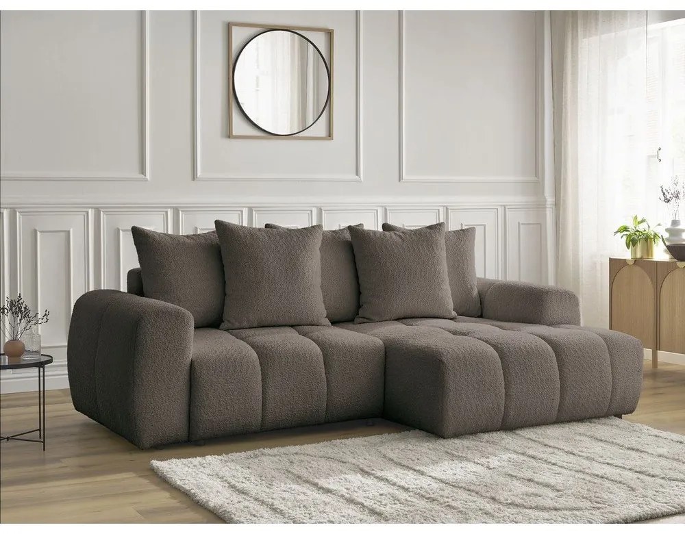 Brązowy rozkładany narożnik z materiału bouclé ze schowkiem (prawostronny/z szezlongiem) Roxelane – Bobochic Paris