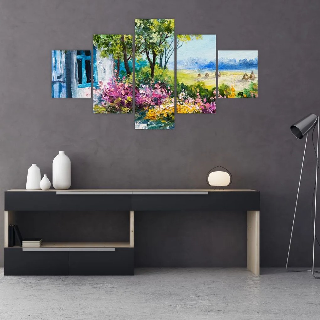 Obraz ogrodu przed domem, obraz olejny (125x70 cm)