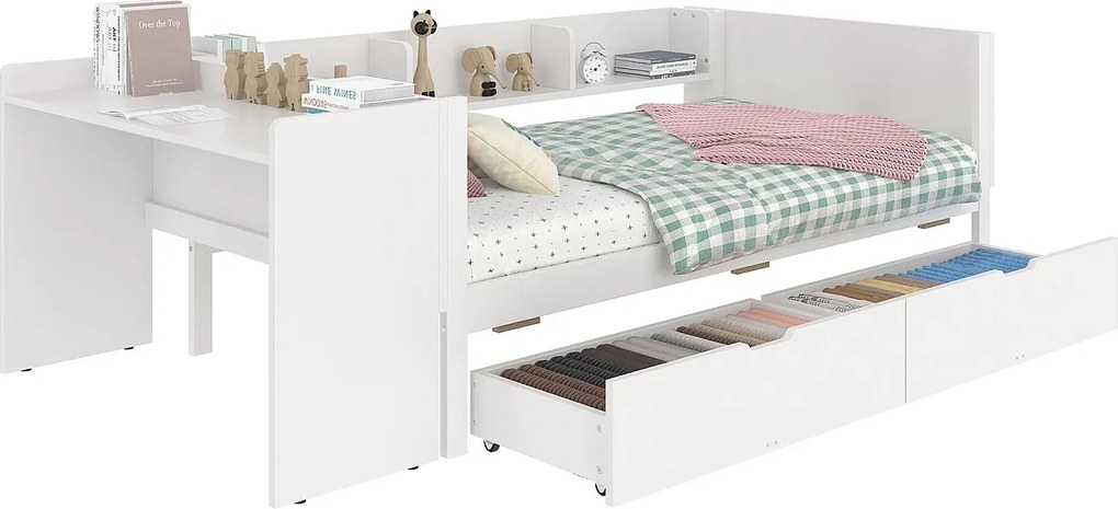 Łóżko dziecięce 90 x 200 cm – z 2 szufladami i półkami – biała sosna – materac nie jest wliczony w cenę.
